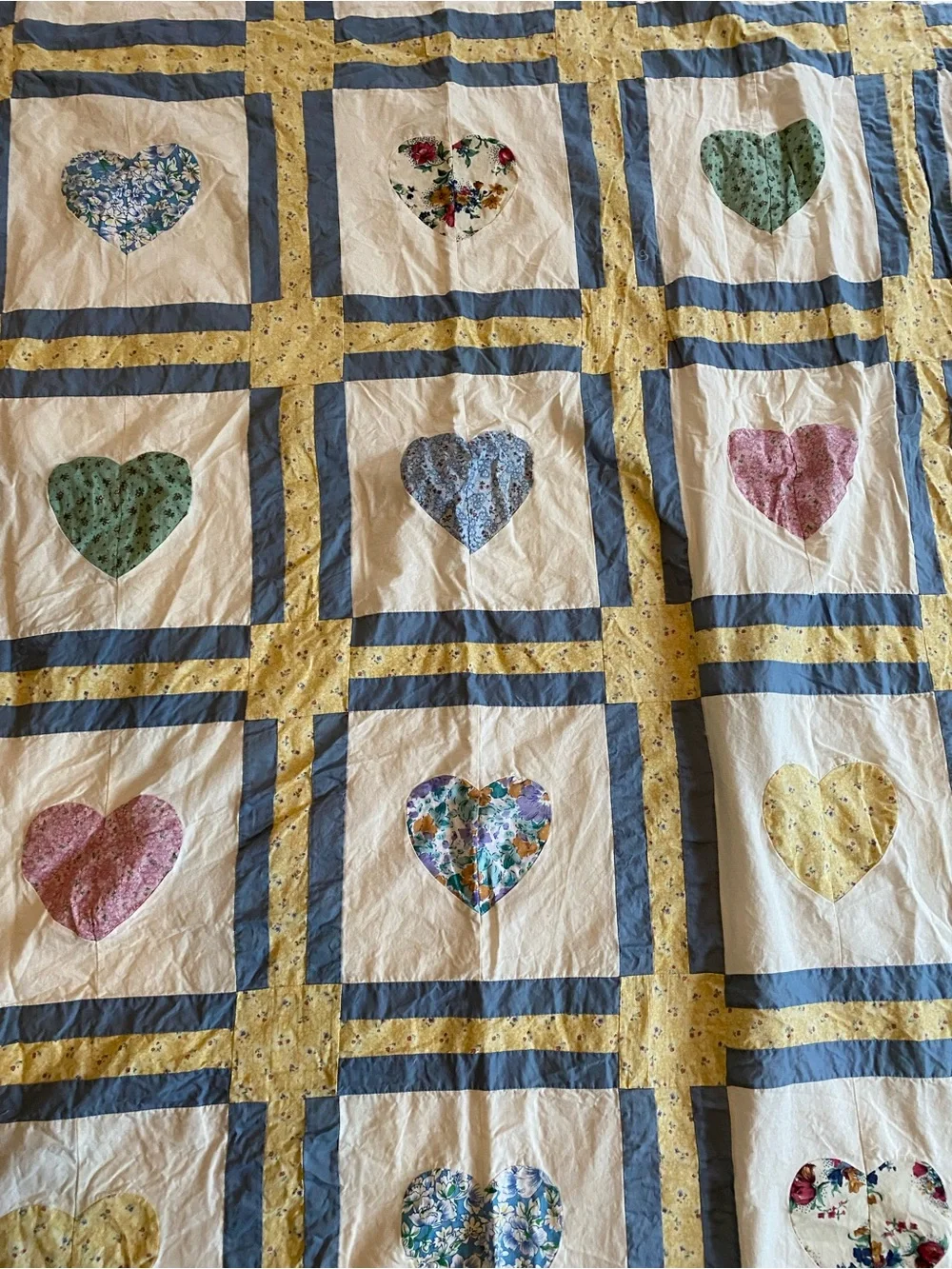 jcpenney Blue, Yellow and Cream Heart Patchwork Quilt shower curtain
